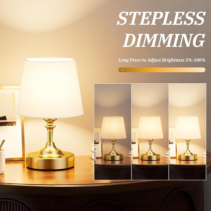 Kakanuo Mini Cordless Table Lamp Gold - 1 Pack 4000mAH Battery Operated Lamp for Decor, 3000K Stepless Dimming Touch Control Rechargeable Lamp for Bedroom, Dining Table, Counter, Living Room