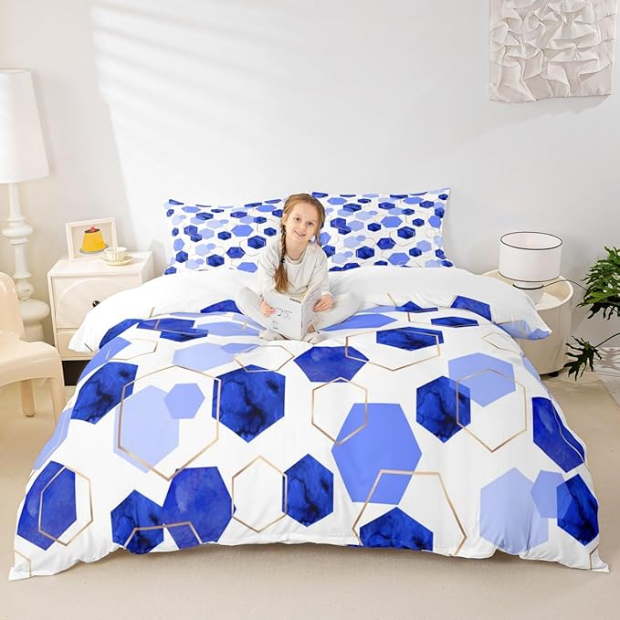 Erosebridal Blue Geometric Bedding Sets | Royal Blue Modern Abstract Kids Duvet Cover Geometric Marble Art Bed Set Twin | Watercolor Hexagon Aesthetic Bed Cover for Men Women (No Comforter)