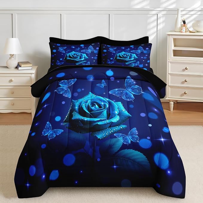 Nesker 7 Pcs Comforter Set Full Size, Blue Rose Floral Flower Bedding Set for Kids and Adults, Romantic Valentine Bed Sheet Sets with Fitted Sheet 2 Pillowcases & 2 Shams