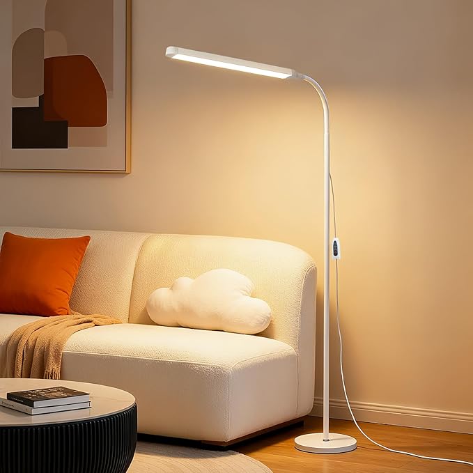 White 12W LED Bright Reading Floor Lamp for Living Room Bedroom Bedside Office Library, Eye-protection flicker-free adjustable from 3000-6000K ,Eyelash Tattoo Makeup Tall Standing Dimming Light