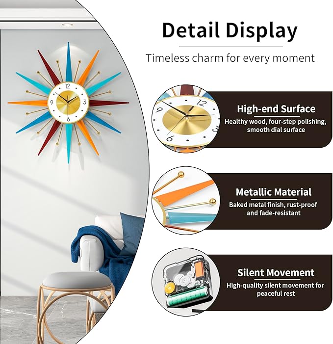 Large Starburst Wall Clock for Living Room Decor 24 Inch Metal Decorative Mid Century Wall Clcok Big Modern Silent Quality Quartz Clock Battery Operated Non Ticking for Kitchen Office Bedroom