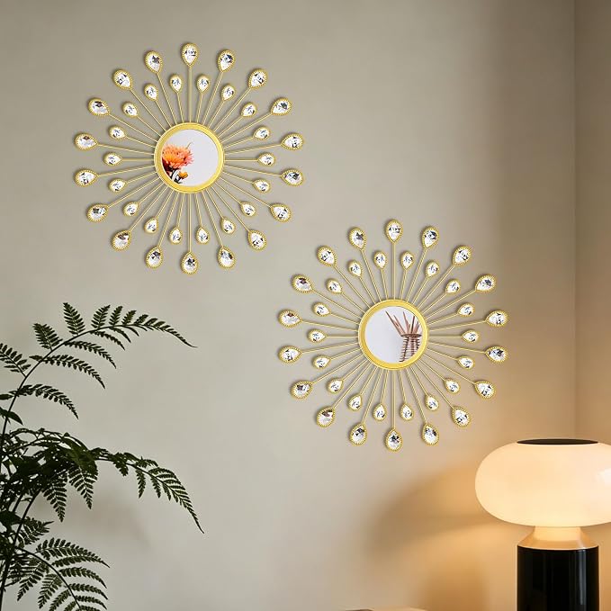 2 Pack Metal Mirrors for Wall Boho Sunburst Wall Mirror Home Decor Modern Decorative Wall Art for Bedroom Living Room Entryway