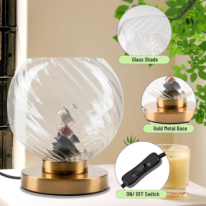 Gold Plug in Desk Table Lamps with Clear Glass Shade Small Bedside Lamp Mid Century Table Lamp for Nightstand Living Room Bedroom Office (Round)