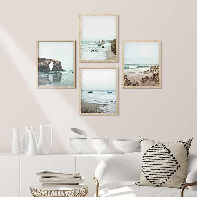 SIGNWIN Framed Rocky Storm Cloud Sky Beach Ocean Wall Art, Set of 4 Landscape Colorful Wall Decor Prints, Nature Wilderness Wall Décor for Living Room, Bedroom - 8"x10" Natural