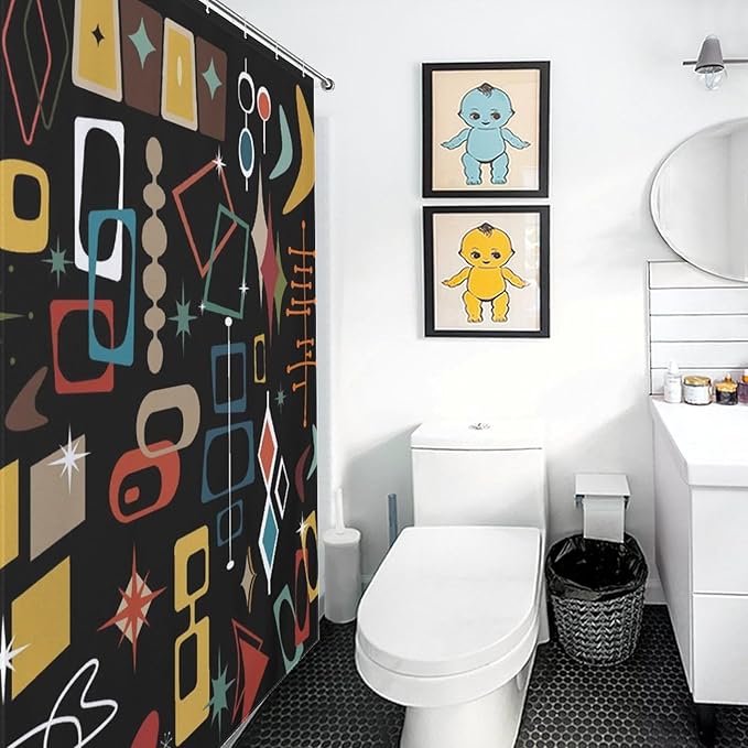 Mid Century Shower Curtain, Modern Abstract Atomic Geometric Print Pattern Colorful Black Retro 1950s 1960s Pastel Vintage Waterproof Fabric Bathroom Shower Curtain Set with Hooks, 72"x78" Inch