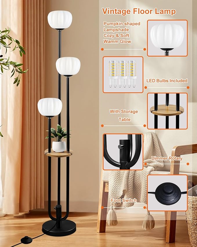 Black Floor Lamp Dimmable Modern Floor Lamps with Pumpkin Lampshade & Table, 3000K Soft Warm White Bulbs Included, 3-Light Tall Standing Lamp for Living Room/Bedroom