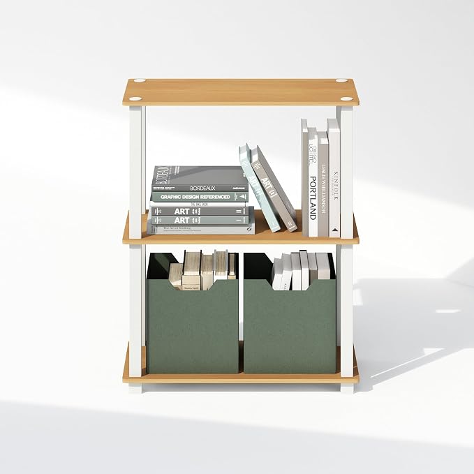 Furinno Turn-S-Tube Book Shelf, 3-Tier Bookshelf, Multipurpose Bookcase with Square Tube, 11.6 x 23.6 x 29.6, for Living Room, Bedroom, Home Office, Beech/White