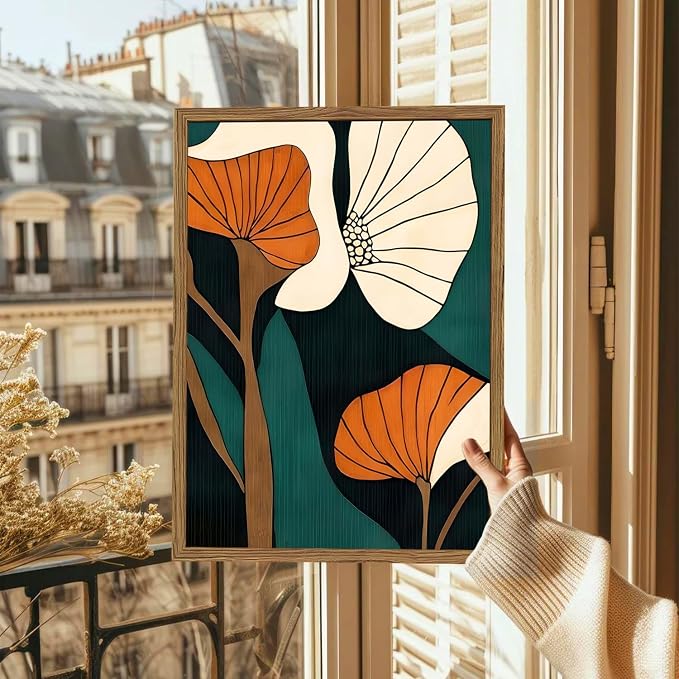 Mid Century Modern Flower Wall Art Vintage Abstract Botanical Wall Decor Painting Set of 2 Boho Dark Floral Poster Canvas Print Pictures for Living Room Bedroom 16x24 inch Wood Framed