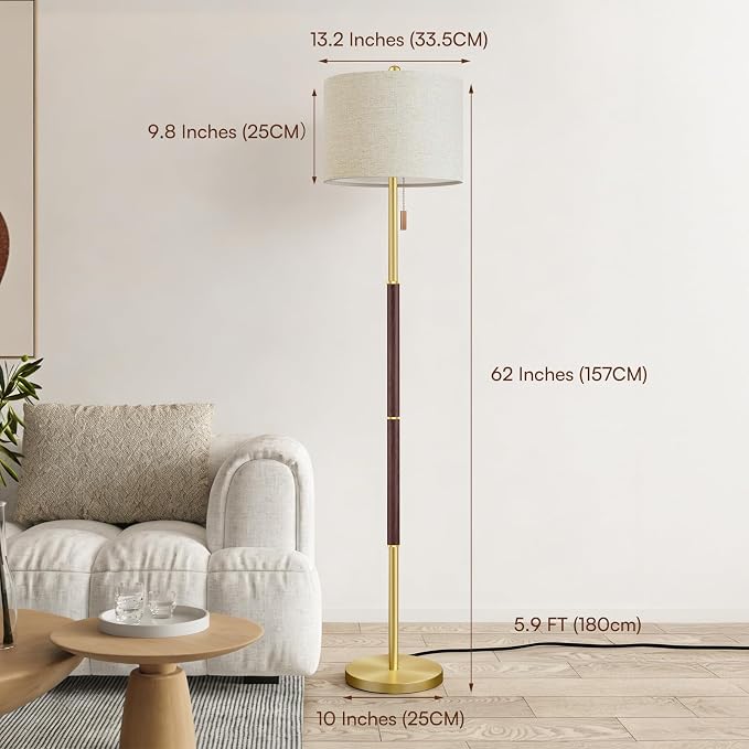 62" Mid Century Modern Floor Lamp, Walnut Standing Lamp with 3-Color Temperature and Pull Chain, Weighted Anti-Tip Base for Safety, Floor Lamps for Living Room Bedroom Corner (6500K Bulb Included)
