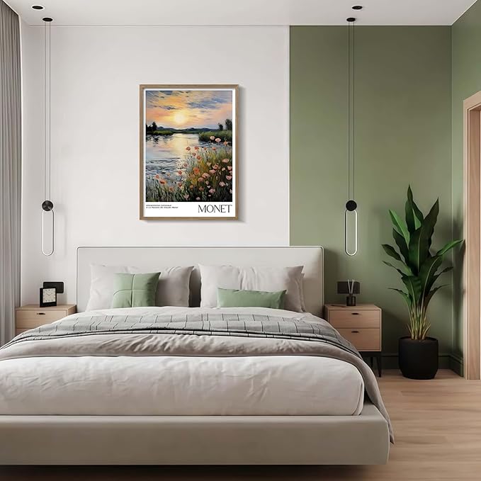 Framed Canvas Monet Gallery Style Wall Art Print Sunset Landscape Poster Impressionist Floral Picture Decor Living Room Bedroom Office Apartment Farmhouse 16X24 Inch Ready to Hang