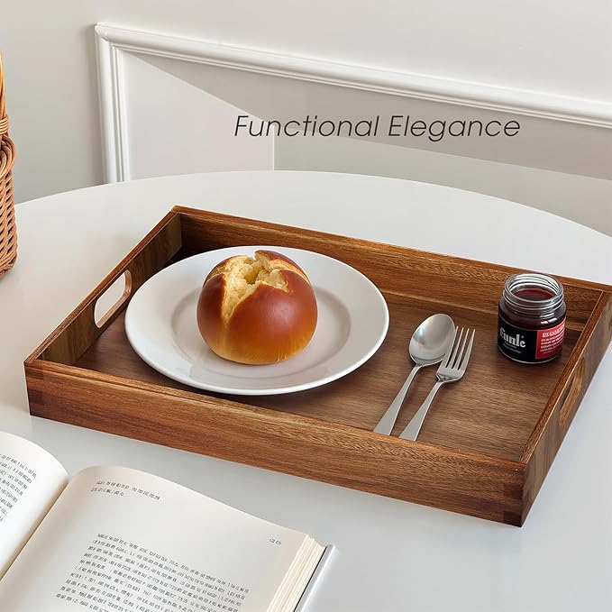 Serving Trays - 2 Pack, Acacia Wood Serving Platters with Ergonomic Handles, Versatile Rustic Decorative Trays for Breakfast, Brunch, Dinner, Coffee Table, Party, Kitchen-M