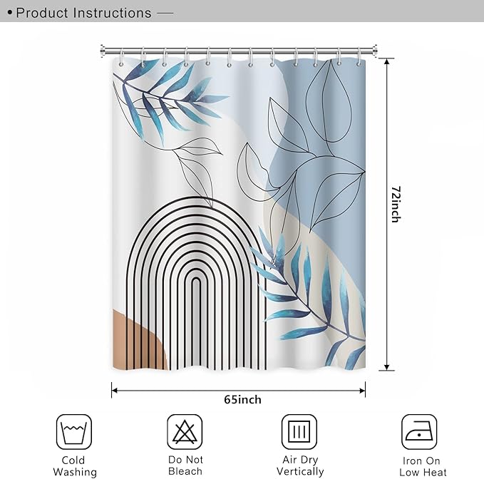Abstract Mid Century Bathroom Shower Curtain Bohemian Eucalyptus Leaves Stripes Arch Light Blue Shower with Hooks Waterproof Fabric Polyester, 65x72 Inch