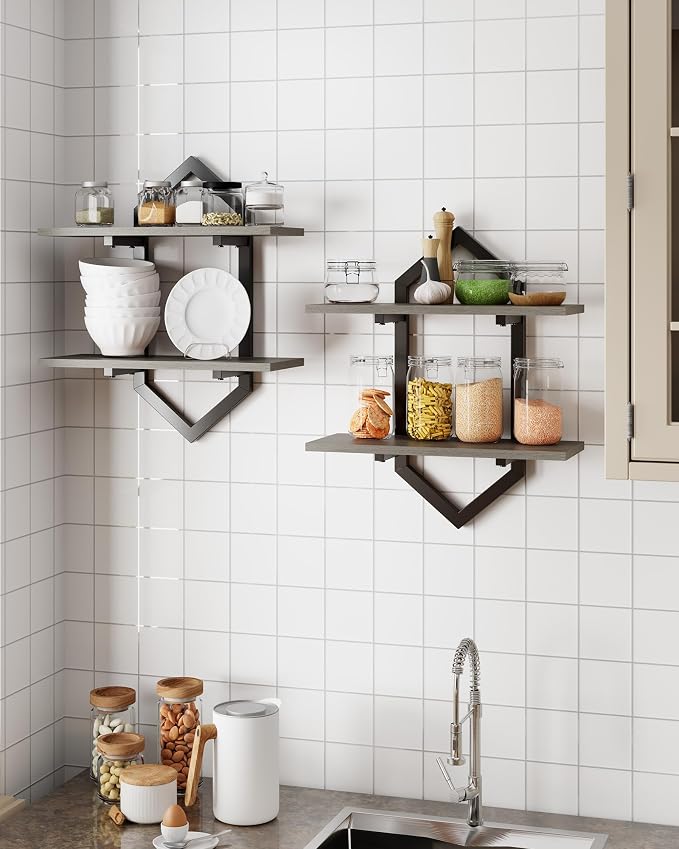 Floating Shelves, Set of 2 Wall Shelf, Wall Mounted Decorative Shelves, 2-Tier Modern Geometric Hanging Storage Shelf for Living Room, Bedroom, Kitchen, Office, Study (Greige + Black)
