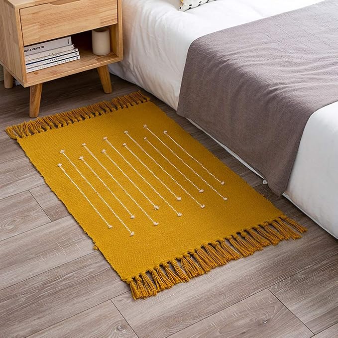 Bohemian Geometric Mustard Area Rug, 2'x3' Yellow, Machine Washable, Non-Slip, Low Pile, Hand Woven Cotton