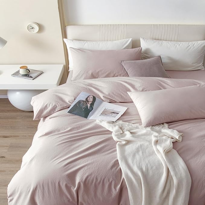 JIYUAN 100% Washed Cotton Duvet Cover Set 3 PCS Super King Plus, 1 Duvet Cover 120"x120" (Comforter Not Included) and 2 Pillowcases,Linen Feel Bedding Set Comfy and Breathable, Heathered Greyish Pink
