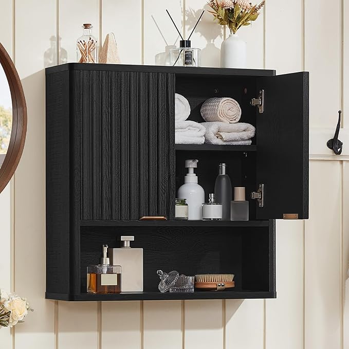 LEYAOYAO Fluted Bathroom Wall Cabinet, Wall-Mounted Medicine Cabinet with Adjustable Shelf & Doors, Farmhouse Floating Over The Toilet Storage Cabinets for Laundry Room, Kitchen, Living Room (Black)