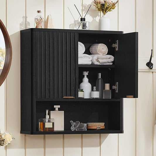 LEYAOYAO Fluted Bathroom Wall Cabinet, Wall-Mounted Medicine Cabinet with Adjustable Shelf & Doors, Farmhouse Floating Over The Toilet Storage Cabinets for Laundry Room, Kitchen, Living Room (Black)