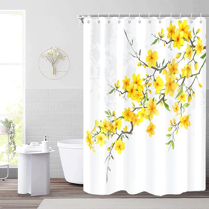Yellow Floral Extra Long Shower Curtain, Flower Blossom Plant Botanical Spring Durable Waterproof Fabric Machine Washable with Hooks for Bathroom Bathtub Decor 72Wx78H