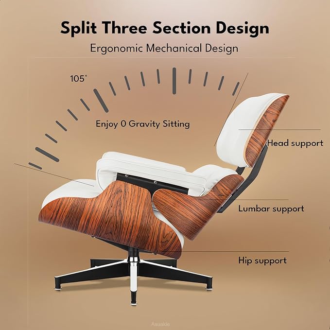 Top Grain Leather, Mid Century Chaise Lounge Chair and Ottoman, Modern Chair Classic Design, Heavy Duty Base Support for Living Room Study Lounge Office, Palisander-White