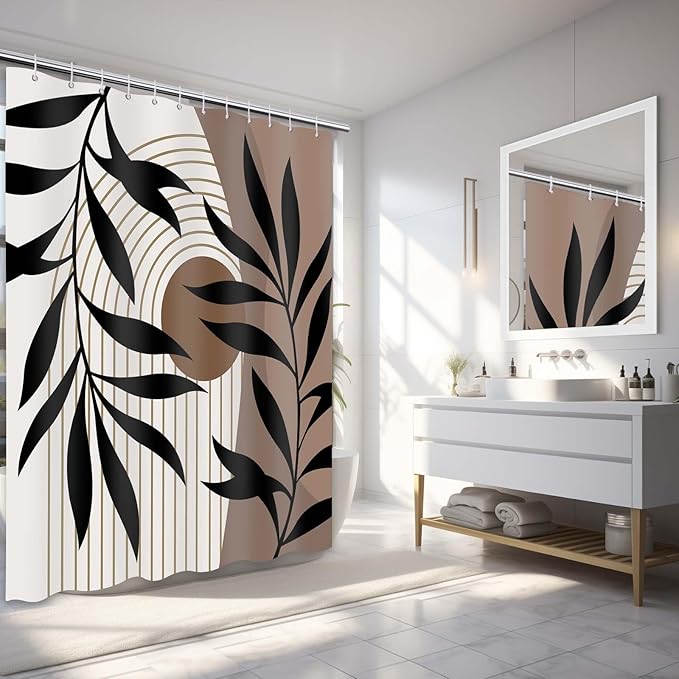Brown Shower Curtain Boho Mid Century Dark Brown Shower Curtains for Bathroom Decor, Black and Tan Waterproof Cloth Fabric with Hooks, 70" W x 72" L