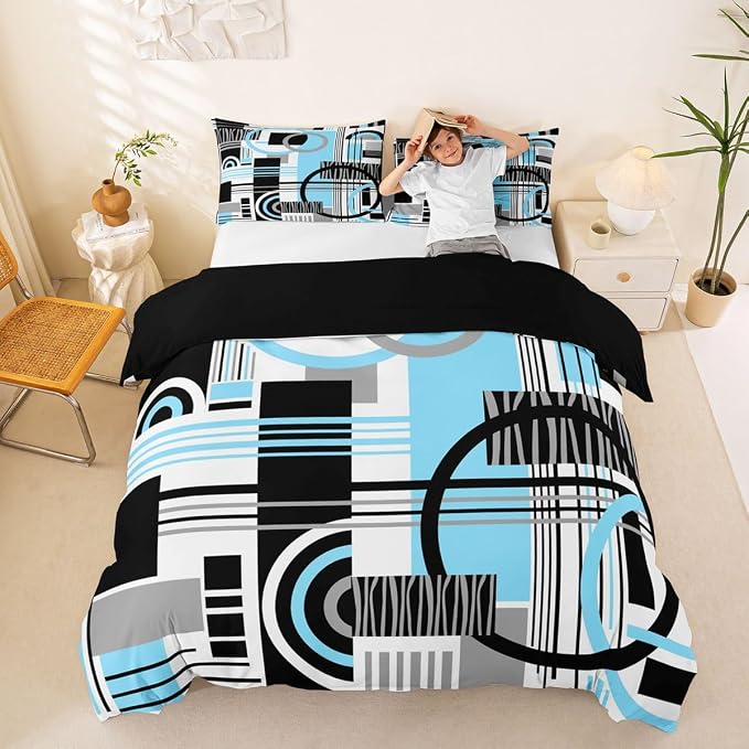 Erosebridal Art Deco Mid Century Duvet Cover Set Retro Modern Abstract Geometric Queen Bedding Set for Tween Boys Girls Black and White Sky Blue Circles Stripes Comforter Cover Contemporary Bed Sets
