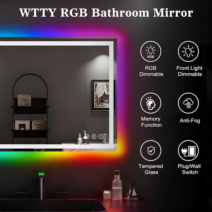 WTTY LED Bathroom Mirror 48"x36" with RGB Backlit and Front Light,Stepless Dimmable LED Mirror for Bathroom,Colored Lighted Bathroom Vanity Mirror,Anti-Fog,Memory Function,Shatter-Proof