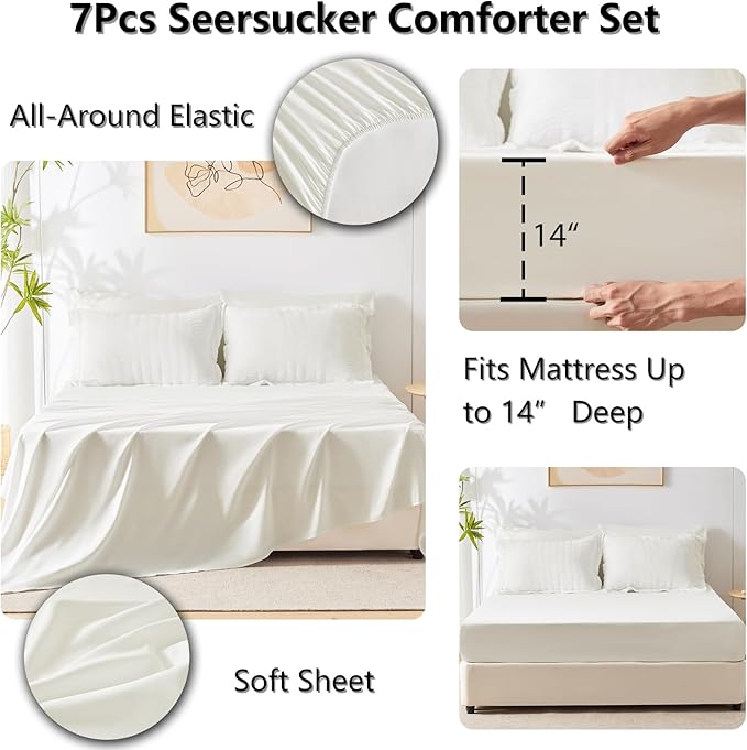 CozyLux Oversized King Comforter Set with Sheets, 7 Pieces 120"x98" Ivory Seersucker Bed in a Bag, Luxury Soft Bedding Sets with Down Alternative Comforter, Sheets, Pillowcases & Shams, Home Gift