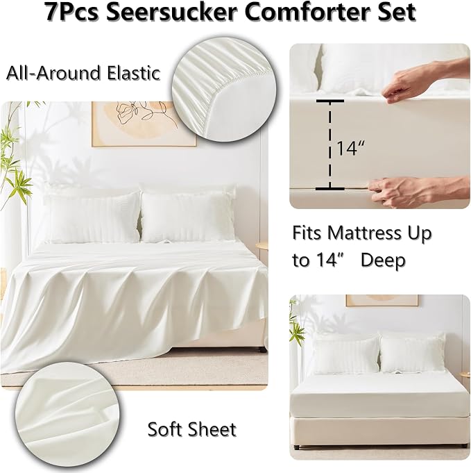 CozyLux Queen Comforter Set Ivory, 7 Pieces Seersucker Textured Luxury Bed in a Bag Queen, All Seasons Soft Bedding Sets with Down Alternative Comforter, Sheets, Pillowcases & Shams, Home Gift
