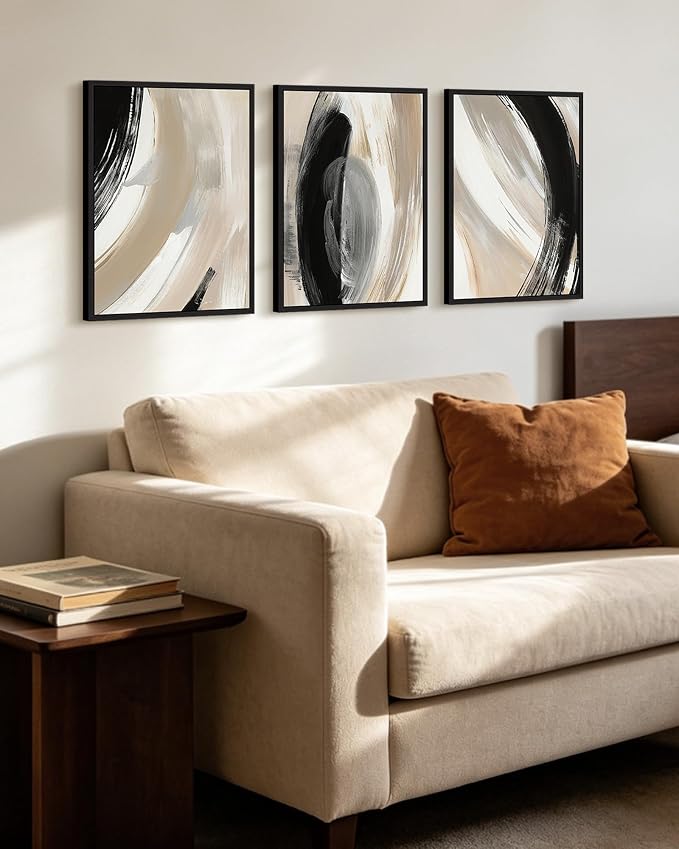 KUVIOKE Modern Abstract Framed Wall Art Black Neutral Minimalist Ink and Wash Graffiti Pastel Wall Decor for Bedroom Living Room 12x16in (Black Framed)