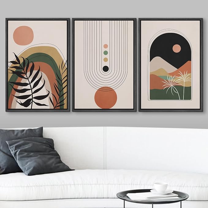 wall26 Framed Canvas Print Wall Art Set Boho Mid-Century Geometric Desert Plant Landscape Nature Abstract Illustrations Modern Bohemian Decorative for Living Room, Bedroom, Office - 24"x36"x3 Black