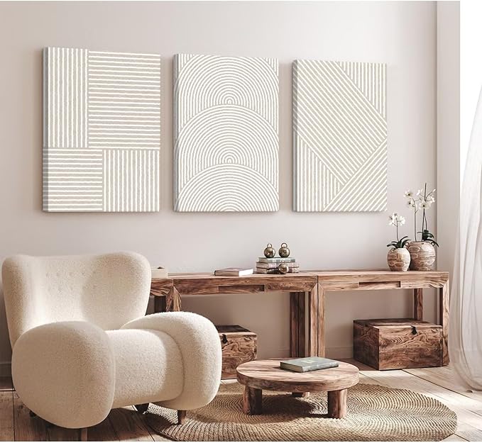Beige Abstract Wall Art Pictures Boho Modern Canvas Wall Decor Neutral Line Wall Art Minimalist Art Abstract Beige Prints Painting Modern Artwork for Living Room Bedroom 12x16x3 Inch Ready to Hang