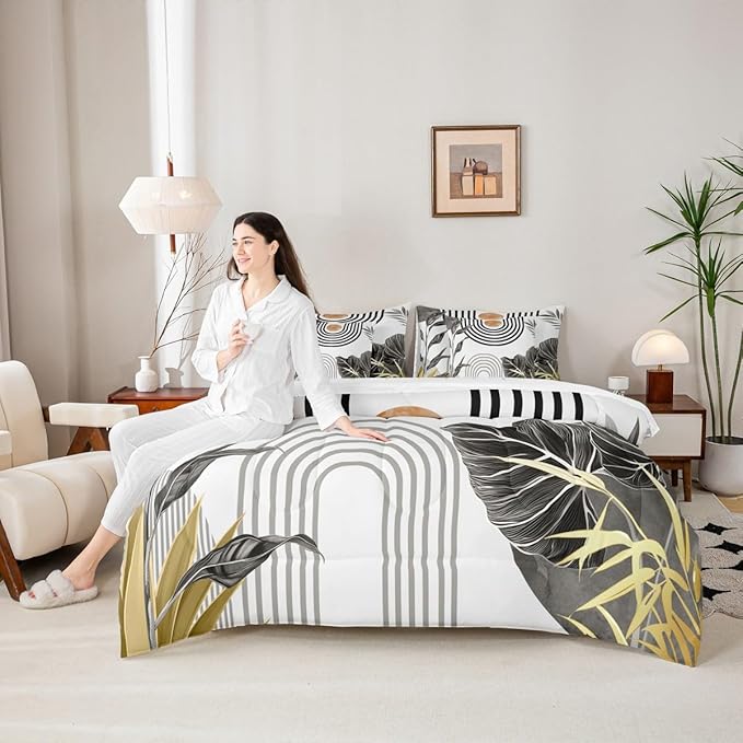 Erosebridal Modern Boho Bedding Set Queen Grey White Aesthetic Comforter Set 7 Piece Abstract Mid Century Bed in A Bag for Kids Adults Simple Tropical Palm Leaf Quilt with Flat Fitted Sheet