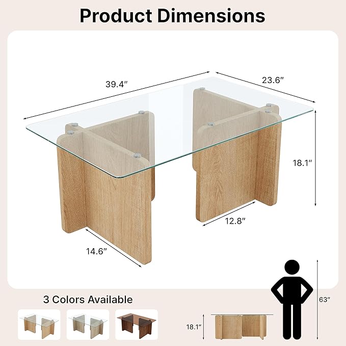 Modern Glass Coffee Table, 39.4 Inches Rectangular Center Tables for Living Room, Coffee Table with Wood Cross Base Easy Assembly Natural