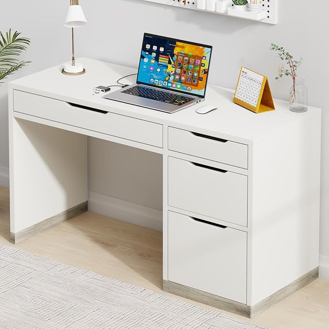 MaverickFurni 52 Inch White Desk with 4 Drawers, Computer Desk with Storage for Small Spaces with Storage File Drawer, Small Home Office Desk with Drawers for Bedroom