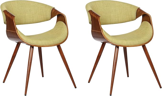 Armen Living Butterfly Mid-Century Dining Chair in Walnut Finish and Green Fabric - Set of 2