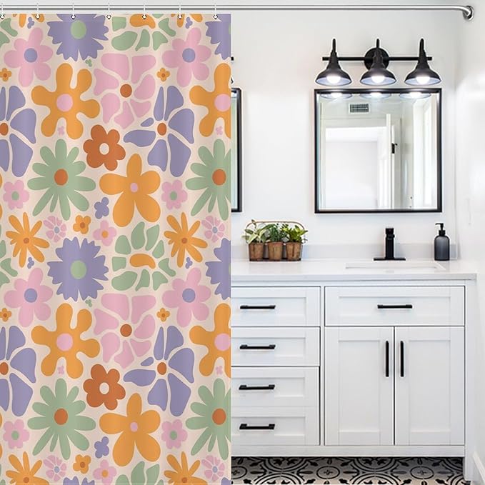 Mid Century Colorful Floral Shower Curtain, Boho Abstract Vintage Retro Orange Flower Botanical Aesthetic Washable Waterproof Fabric for Bathroom Decor Bathtub with 12 Hooks 55x72in（140x183cm）