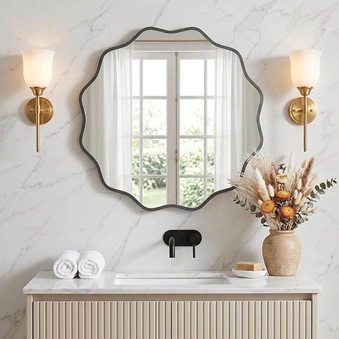 PERFNIQUE Black Scalloped Mirror, 30'' Round Wall Mirrors Wavy Wood Framed with Tempered Glass for Bathroom Nursery Bedroom Living Room Entryway, Decorative Modern Wall Decor