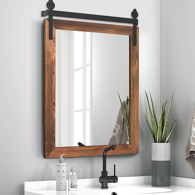 YOSHOOT Farmhouse Barn Door Wall Mirror, 32"x24", Rustic Wood Framed, Vintage Style, for Bathroom/Living Room/Entryway, Brown, Vertical Hanging ONLY