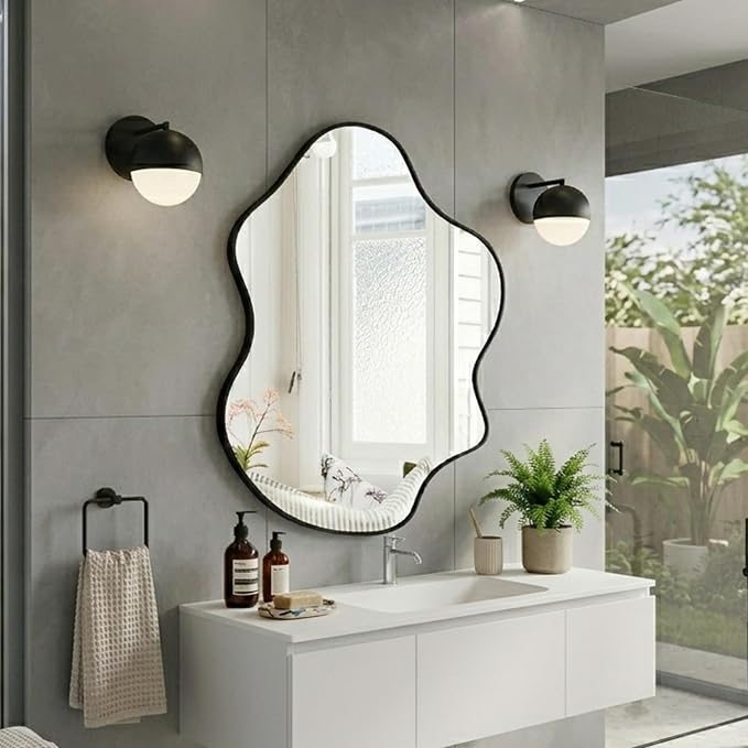 Tanmicoshomy Black Bathroom Mirror 24x36 Inch, Asymmetrical Framed Wall Mirrors with Tempered Glass for Bathroom, Bedroom or Living Room, Vertical or Horizontal Hanging