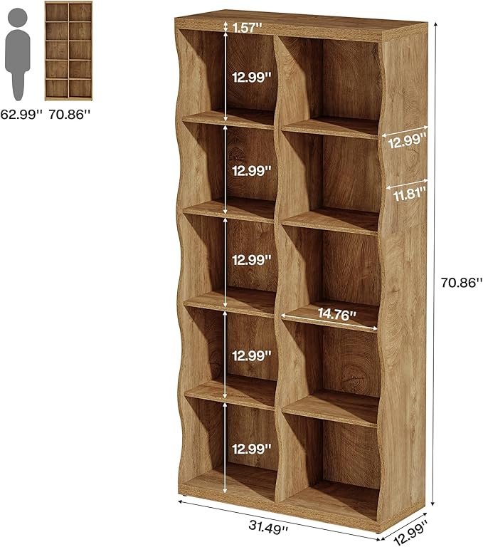 Tribesigns 70.86" Wooden 10 Cubes Bookcase, 5-Tier Tall Floor Standing Bookshelf with Wave-Shaped Design, Rustic Display Storage Organizer with Open Shelves for Living Room, Home Office, Bedroom (1)