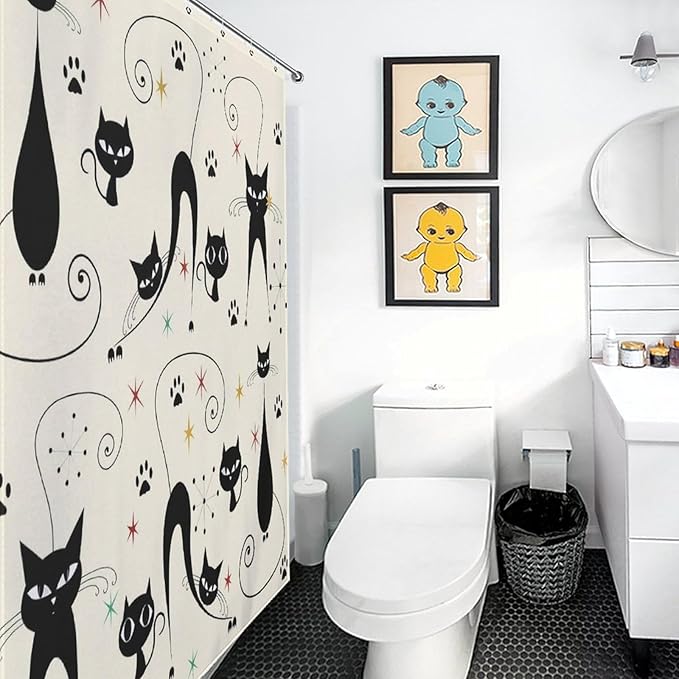 Mid Century Modern Shower Curtain,Retro Atomic Cat Star Paw Print Retro Abstract Geometric 1960s Fabric Bathroom Decor Curtains with Hooks 66x72in（168x183cm）