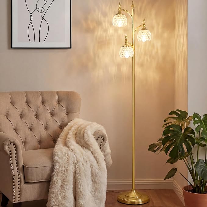Gold Flower Floor Lamp, Dimmable Tree Floor Lamps for Living Room Brass Tall Standing Lamp with 3 Brightness Lights Glass Shades 66.5'' Modern Corner Lamp for Bedroom Office(3LED Bulbs Included)