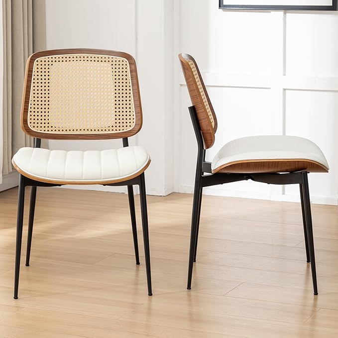 Rattan Dining Chairs Set of 4,Mid Century White PU Leather Kitchen Chairs,Upholstered Seat Metal Legs Chairs with Adjustable Foot Pads,Walnut Armless Side Chairs