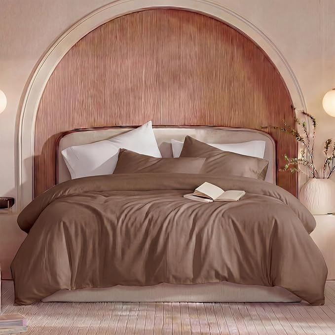 100% Washed Cotton Duvet Cover King Size – Brown, Linen-Like Texture, Super Soft & Breathable Bedding Set, 3-Piece Durable Percale Comforter Cover