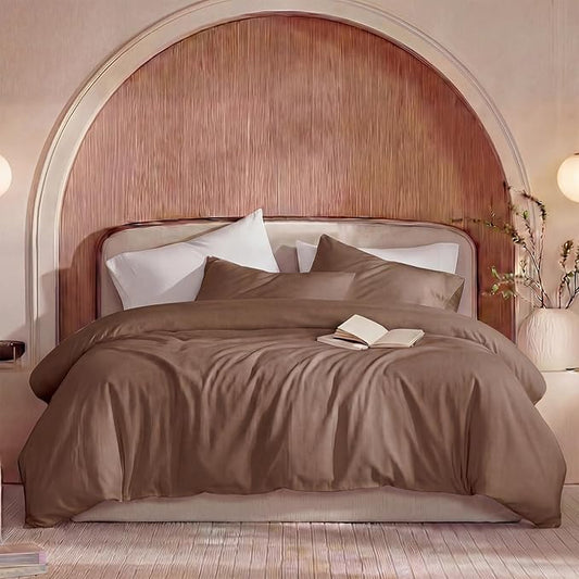 100% Washed Cotton Duvet Cover King Size – Brown, Linen-Like Texture, Super Soft & Breathable Bedding Set, 3-Piece Durable Percale Comforter Cover
