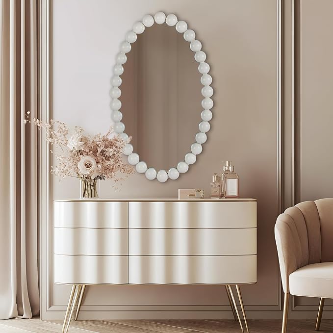 Oval Round Wall Mirror - 30 Inch Decorative Framed Bathroom/Living Room Accent Mirror with Beaded Ball Trim - Vintage Modern Style White Mirror
