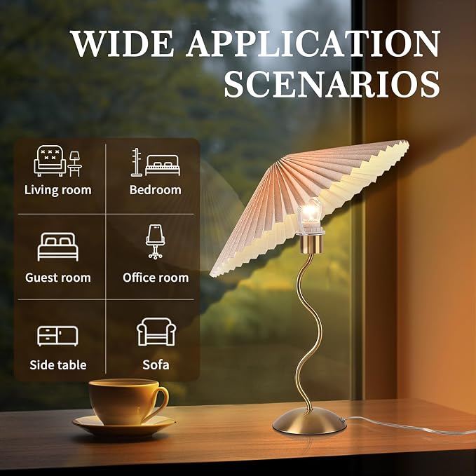 Ziqqeelam Gold Pleated Small Table Lamp, Brass Modern Bedside Table Lamp for Bedroom, Mini Pleated Lamp Shape, MCM Table Lamp Bedroom Bow Lamps for Nightstand
