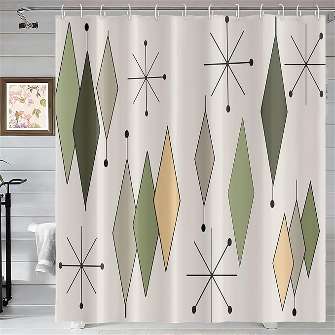 Boho Mid Century Shower Curtain Vintage Abstract Green Diamond Geometric Atomic Starburst Pattern for 1950s Retro Bathroom Decor Accessories Shower Curtain Set with 12 Hooks, 72x72 Inches