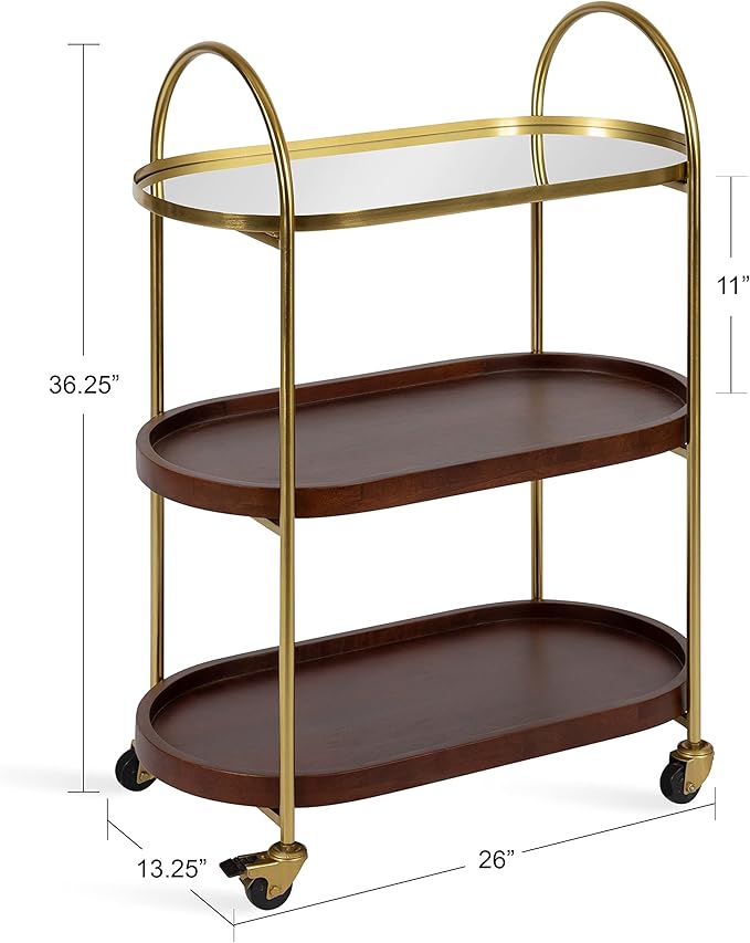 Kate and Laurel Maxfield Midcentury Modern Rolling Bar Cart, 26 x 13 x 36, Walnut and Gold, Decorative Glamorous Wood and Mirrored Kitchen Storage Cart with Wheels