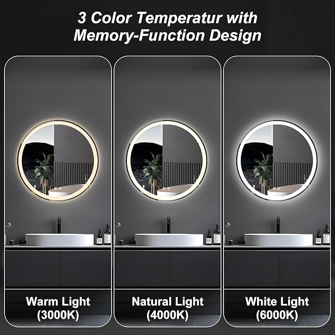 Sweetcrispy 30-Inch Round LED Bathroom Backlit Mirror with Lights, Circle Vanity Mirrors with Anti-Fog, Dimmable, 3-Color Light, Memory Function, Tempered Glass